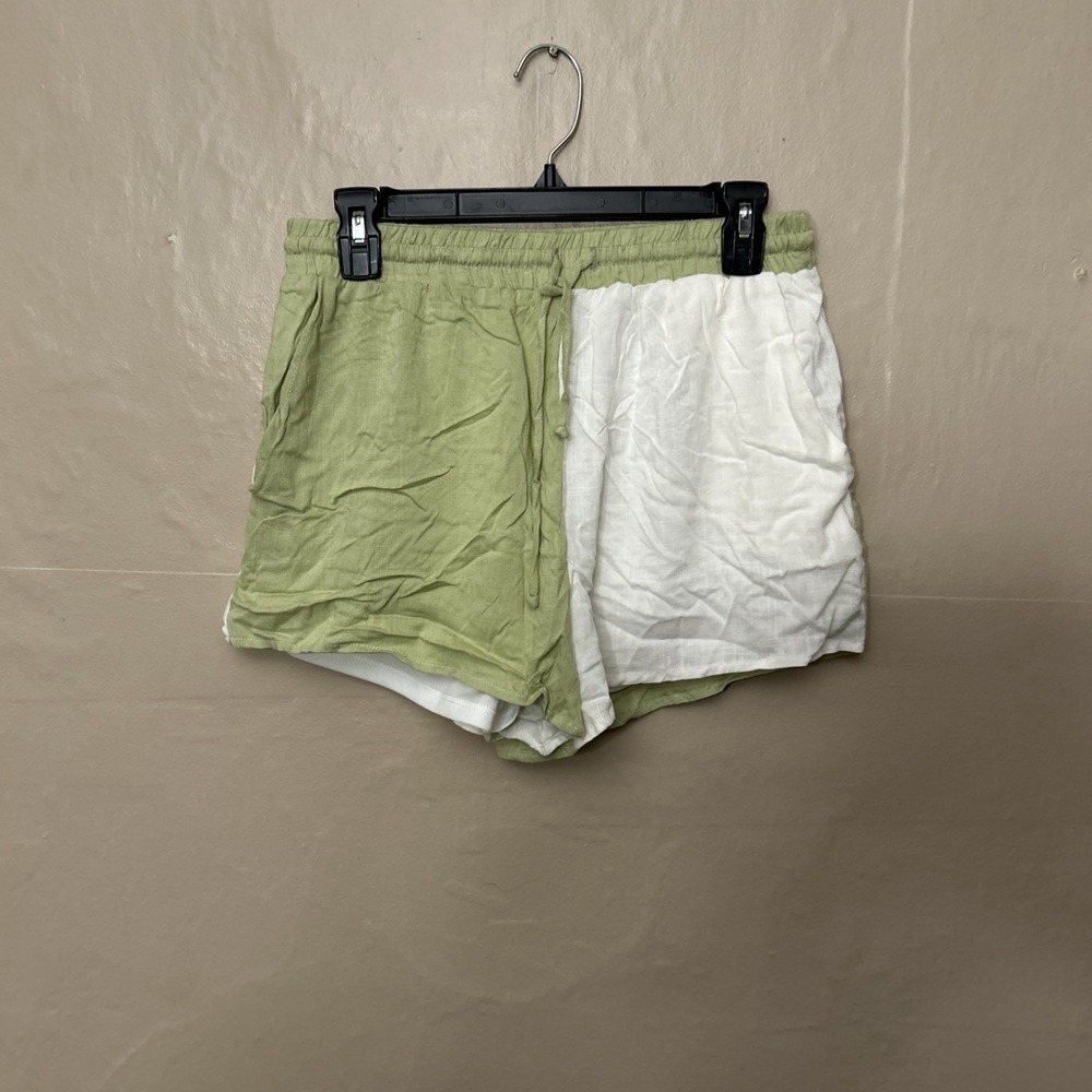 Size Medium Linen‎ Look Green White Lined Shorts